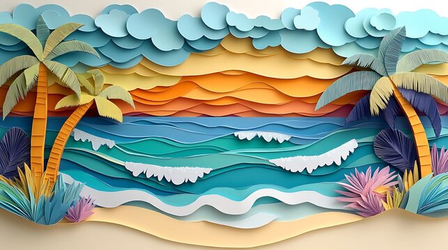 Artistic paper cut beach scene with palm trees and ocean waves in vibrant colors