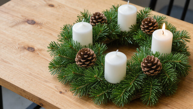 Advent Wreath with Four Candles on Wooden Table