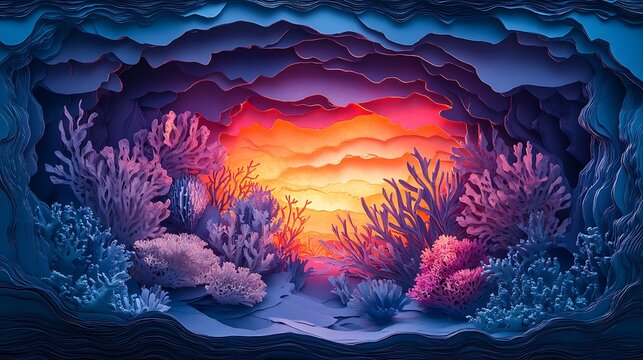 Layered paper cut underwater scene with coral and vibrant sunset in a diorama style