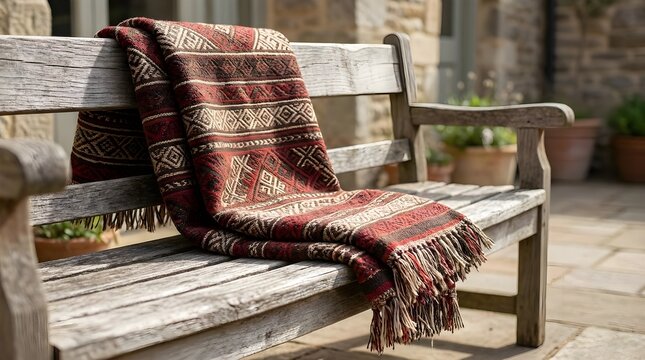 Woven Tribal Blanket Draped Over Wooden Bench