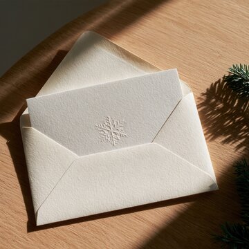Open White Envelope With Embossed Snowflake Christmas Card. AI Generated Image