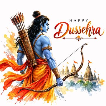 Happy dussehra watercolor style greeting card featuring blue skinned warrior with bow and quiver and temple silhouette