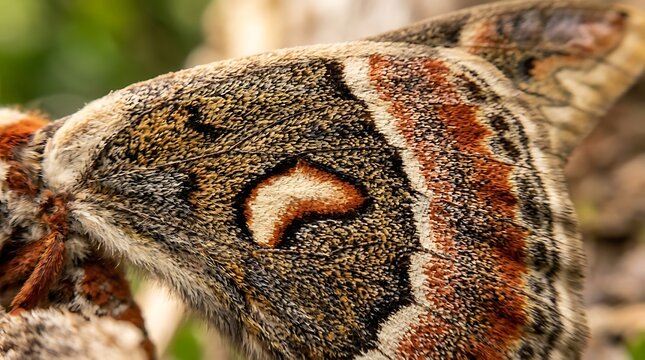 Macro Photography of Cecropia Moth Wing Detail Showing Intricate Scale Patterns, Textures and Vibrant Natural Colors in Nature