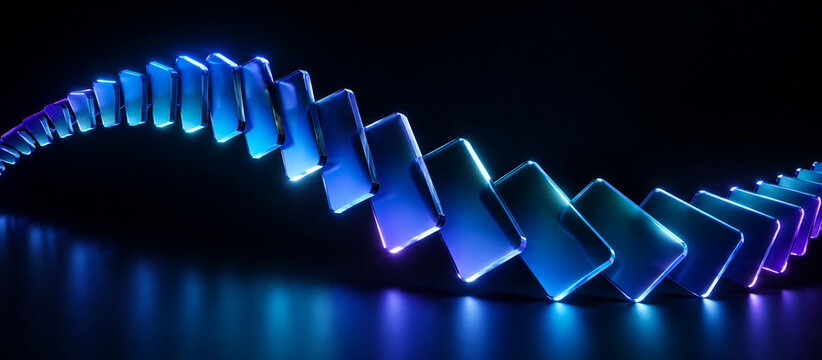 Arc of falling blue glass domino blocks creating kinetic chain reaction. 3D futuristic technology momentum banner on dark reflective floor. Wide banner, copy space.