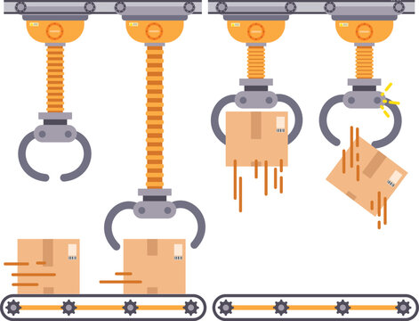 Automated Warehouse Conveyor System with Robotic Grippers and Cardboard Packages
