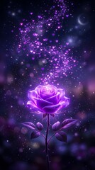 Obraz premium Magical purple rose surrounded by floating glowing hearts in dreamy night atmosphere with sparkles