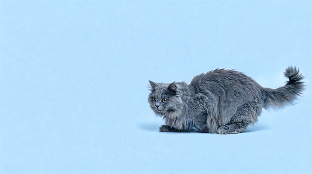 Fluffy dark gray cat crouching playfully on light blue