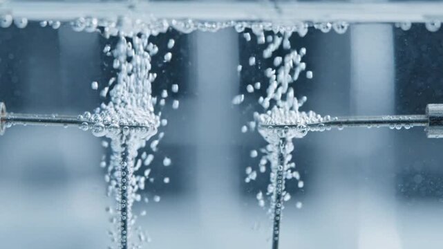 Electrolysis of water experiment showing hydrogen and oxygen gas bubbles rising from electrodes in laboratory.