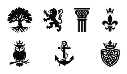 Fototapeta premium Elegant Vector Icons: Tree, Lion, Column, Fleur-de-lis, Owl, Anchor, Crest for Branding and Design