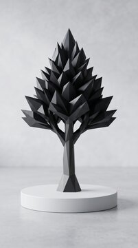Stylized geometric dark tree sculpture featuring sharp faceted polygons, presented on a minimalist white pedestal, embodying modern abstract art and sophisticated design