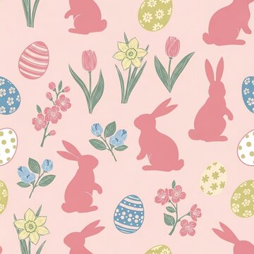 Seamless Easter pattern: bunnies, tulips, daffodils, blossoms, and decorated eggs on soft pink.