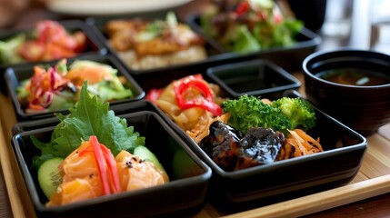 Obraz premium A beautifully arranged bento box meal featuring fresh vegetables grilled fish and sushi style salmon with garnishes