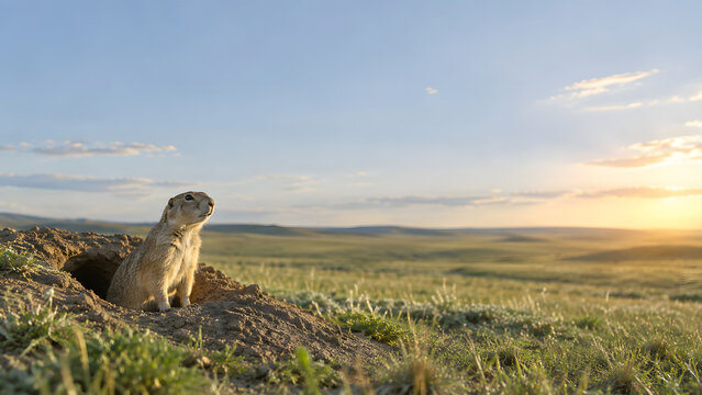 Prairie dog emerges from its burrow, gazing at expansive landscape under beautiful sunset. serene environment showcases beauty of nature