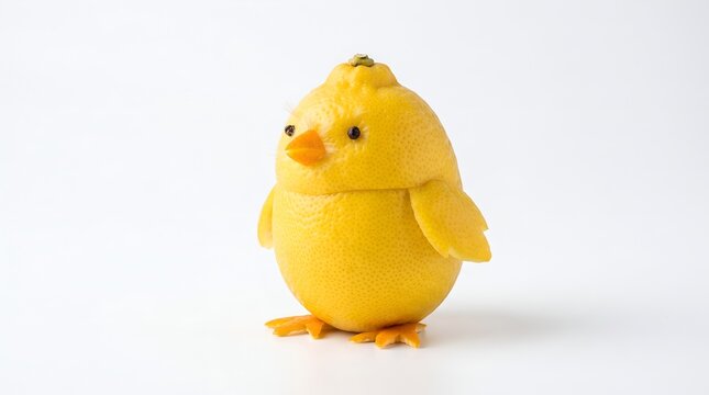 Cute Chick Figurine Made from Lemon and Orange Peel Food Art Isolated on White