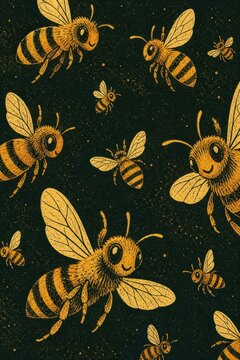 Seamless bee pattern on dark background in vintage style