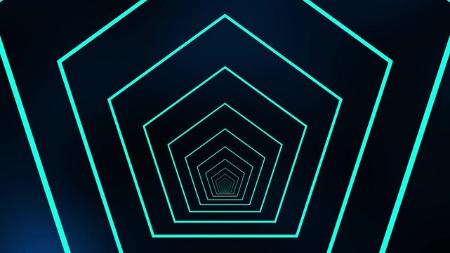 Futuristic Neon Pentagonal Tunnel Animation with Repeating Geometric Shapes, Abstract Digital Technology Background and Perspective Motion