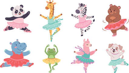 Cute ballet dancing animals vector characters set featuring panda giraffe zebra bear hippo frog llama and puppy dog © ROFIKA