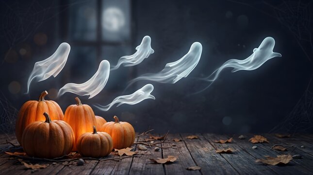 Spooky halloween background with glowing pumpkins floating ghosts on wooden table and copy space