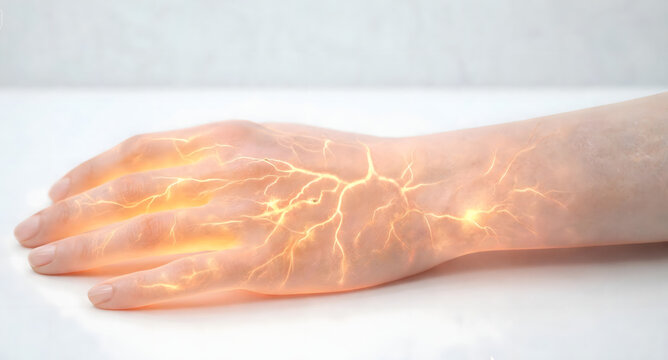  Concept illustration of a human hand with glowing yellow electric nerves depicting neuropathy and pain relief