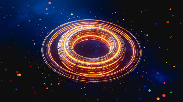 A glowing multi-layered futuristic ring structure floats in deep star-filled space, a sci-fi themed visual concept.