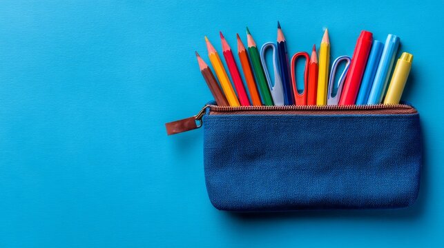 Colorful pencil case with school stationery on blue background, pencils, pens, eraser and writing supplies for students, education, classroom learning, study, creativity and back to school concept