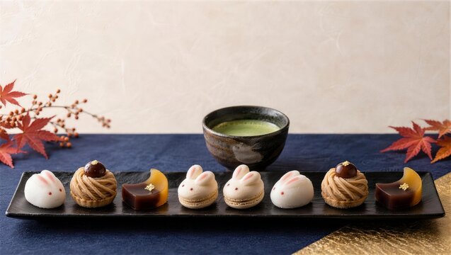 黒い長皿に並べたうさぎ和洋菓子と抹茶