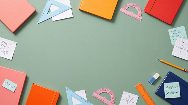 Flat Lay Composition of Colorful School Supplies and Math Formulas on Green Background with Copy Space