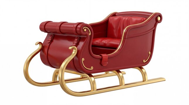 Red christmas sleigh with gold accents stands on a white background