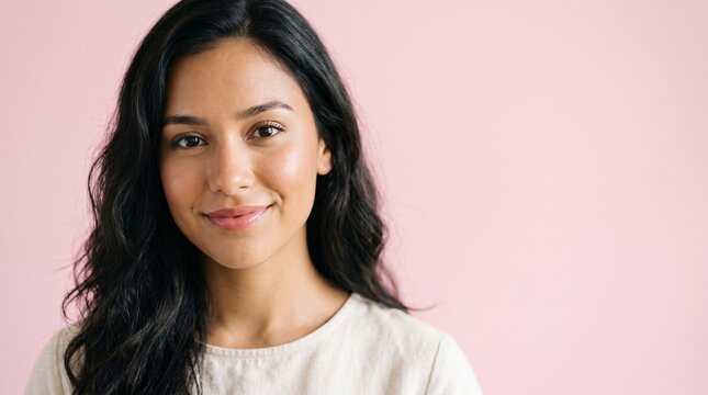 Frontal Close Up Portrait of Latina Female Patient with Smooth Hydrated Facial Epidermis for Aesthetic Dermatology Clinic with Large Copy Space