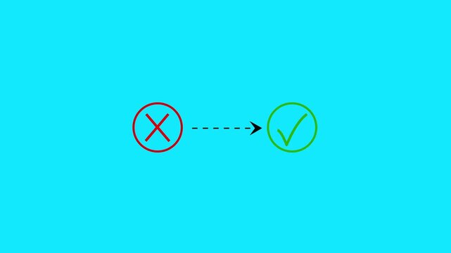 error to success concept with animated dashed arrow line connecting cross and check mark .