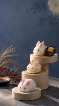段差のある台座に飾ったうさぎ大福とマカロン