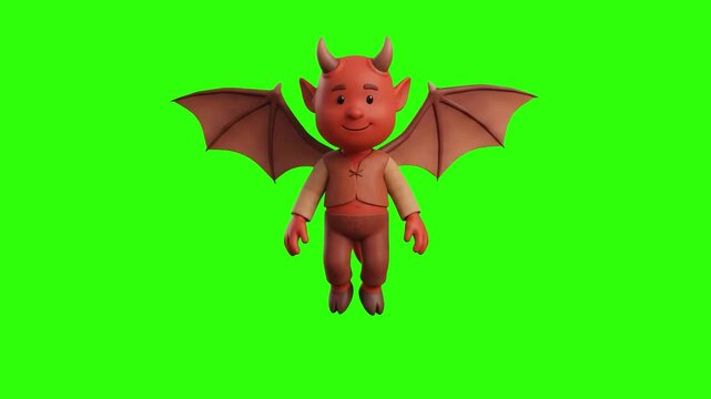 A chubby 3D animated little imp demon monster with bat wings and small horns on a chroma key green background. Excellent for Halloween animations, fantasy game creatures, cute monster avatars, RPG ene