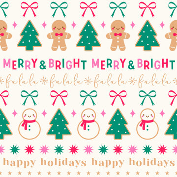 Cute cookies, bow and words seamless pattern design for Christmas and new year holidays background.