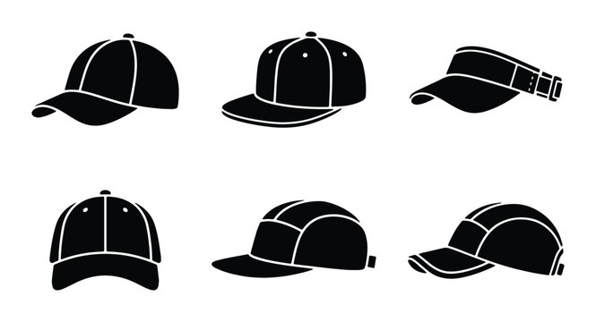Black Baseball Caps and Visors Set, Headwear Collection Vector Icons, Apparel Accessories Graphic Elements