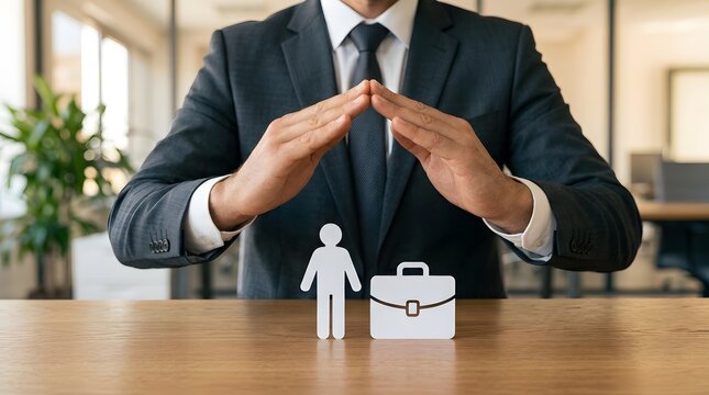 A business leader carefully safeguards paper cutouts symbolizing valued employees and their professional career paths