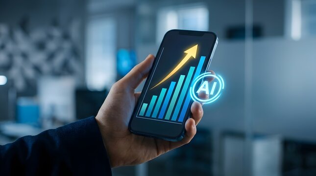 Person holding smartphone displaying financial data growth chart with upward trending arrow