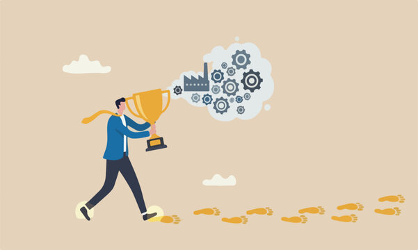 Success, lear people achieve target concept, success businessman carrying big trophy walking leaving footprint to follow