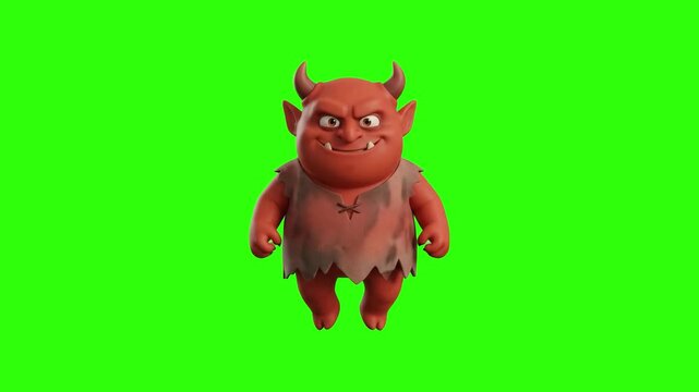 A cute 3D animated red imp devil monster character with small horns standing on a chroma key green background. Perfect for mobile game assets, Halloween promos, fantasy RPG monsters, cartoon animation