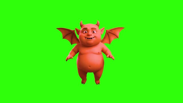 A chubby 3D animated little imp demon monster with bat wings and small horns on a chroma key green background. Excellent for Halloween animations, fantasy game creatures, cute monster avatars, RPG ene