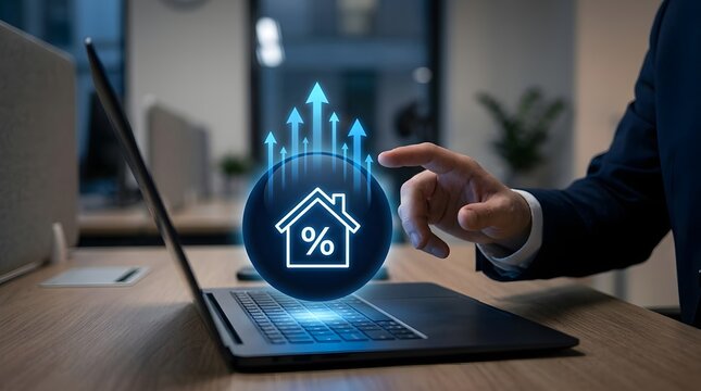 Real estate investment concept with a glowing house and upward trending graphs displayed digitally