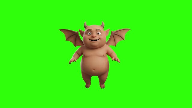 A chubby 3D animated little imp demon monster with bat wings and small horns on a chroma key green background. Excellent for Halloween animations, fantasy game creatures, cute monster avatars, RPG ene