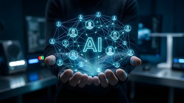 Hands holding a glowing digital display of artificial intelligence concepts and network connections