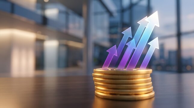 Stack of golden coins with rising graph representing financial growth and success