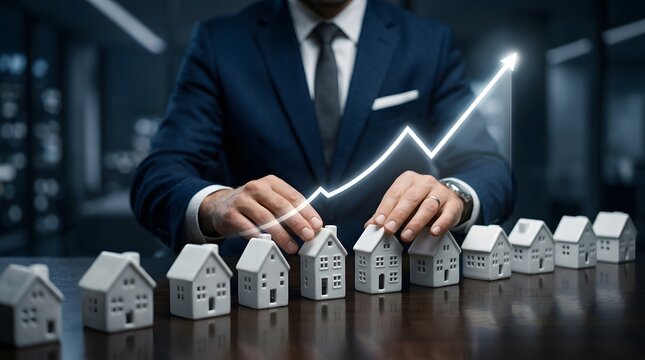 A businessman overseeing miniature houses represents the concept of real estate investment and financial growth potential