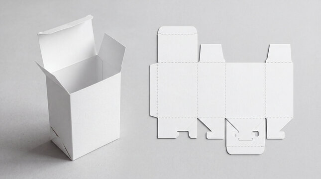 Blank white cardboard product packaging box mockup with flat die cut template layout
