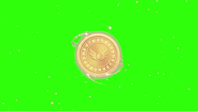 A 3D rendered glowing gold magic coin with light trail sparks swirling around it on a chroma key green background. Great for mobile game reward animations, crypto token visuals, fantasy loot icons, vi