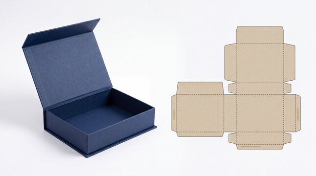 Blue open gift box displayed beside its flat packaging die cut layout