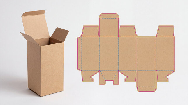 Brown cardboard box mockup with flat die cut template net layout