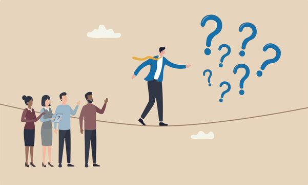 Uncertainty, meeting investment risk, find out solution for business difficulty, adversity or determination, businessman acrobat rope walking to find question mark