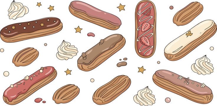 Hand Drawn French Eclair Pastry Seamless Pattern Elements for Bakery Packaging, Sweet Cafe Menu, Dessert Recipe Backgrounds, and Food Branding Designs